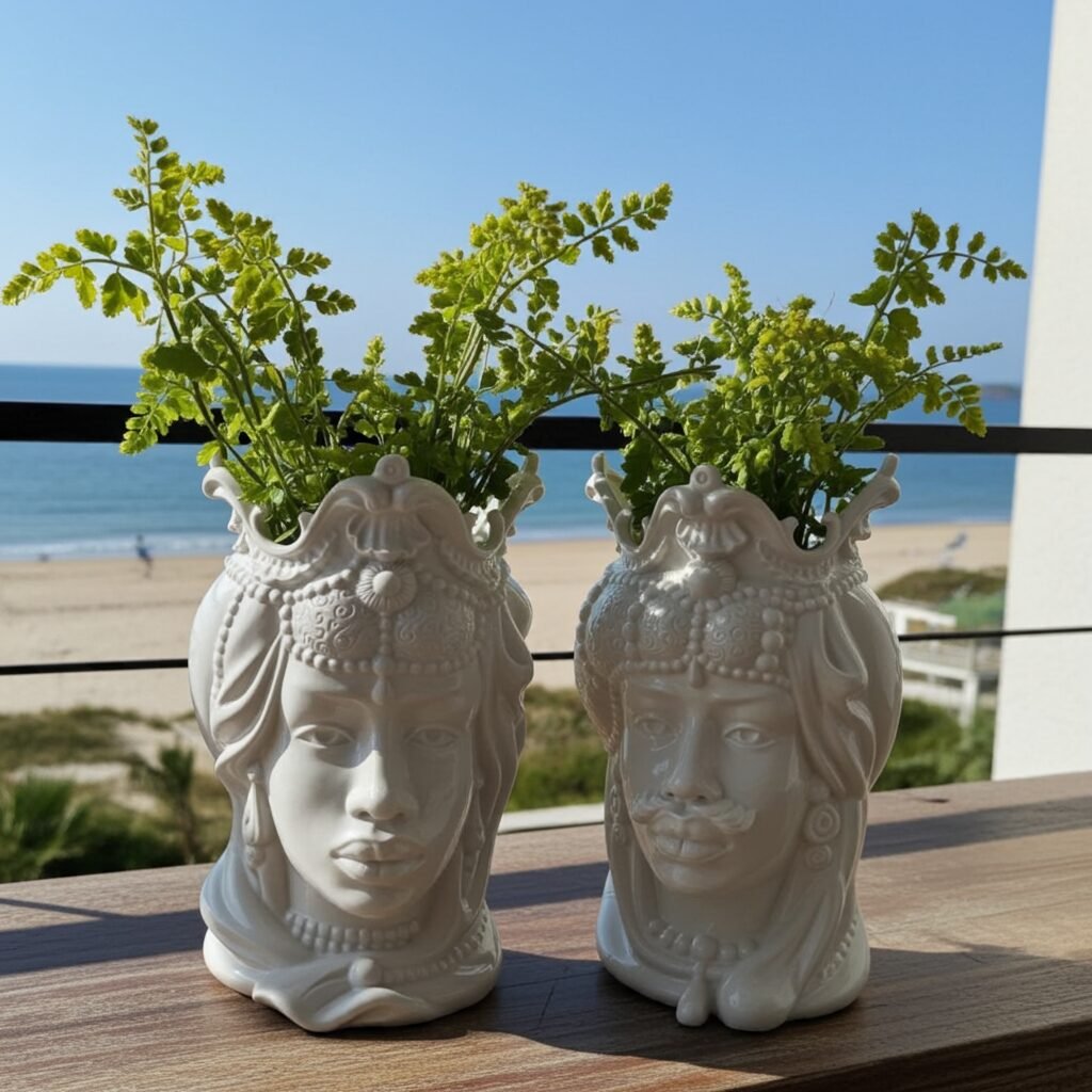 Sicilan Testa di Moro white ( King & Queen) Caltagirone Ceramic hand decorated 40cm - Image 3