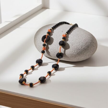 Necklace made with Onyx, Coral and Bamboo, handmade, Sicily, gift for her.