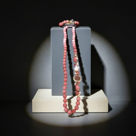 Alternative view of Pink cat's eye stone necklace, statement necklace, women necklace, pink beaded necklace.