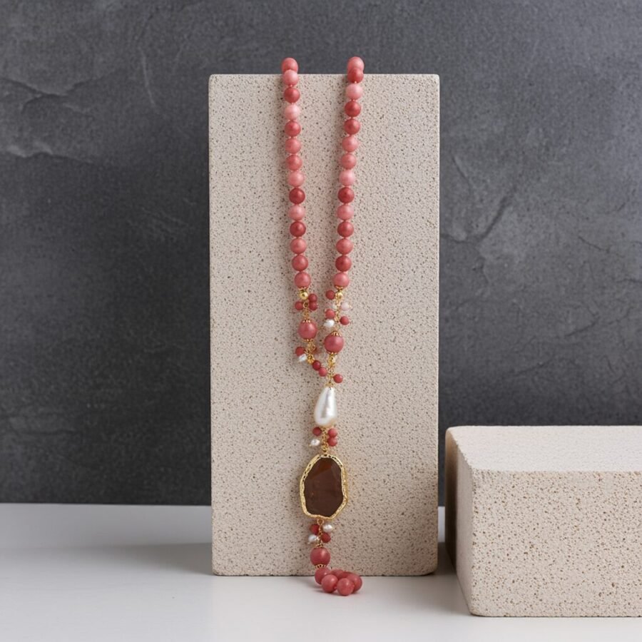 Pink cat's eye stone necklace, statement necklace, women necklace, pink beaded necklace. - Image 3