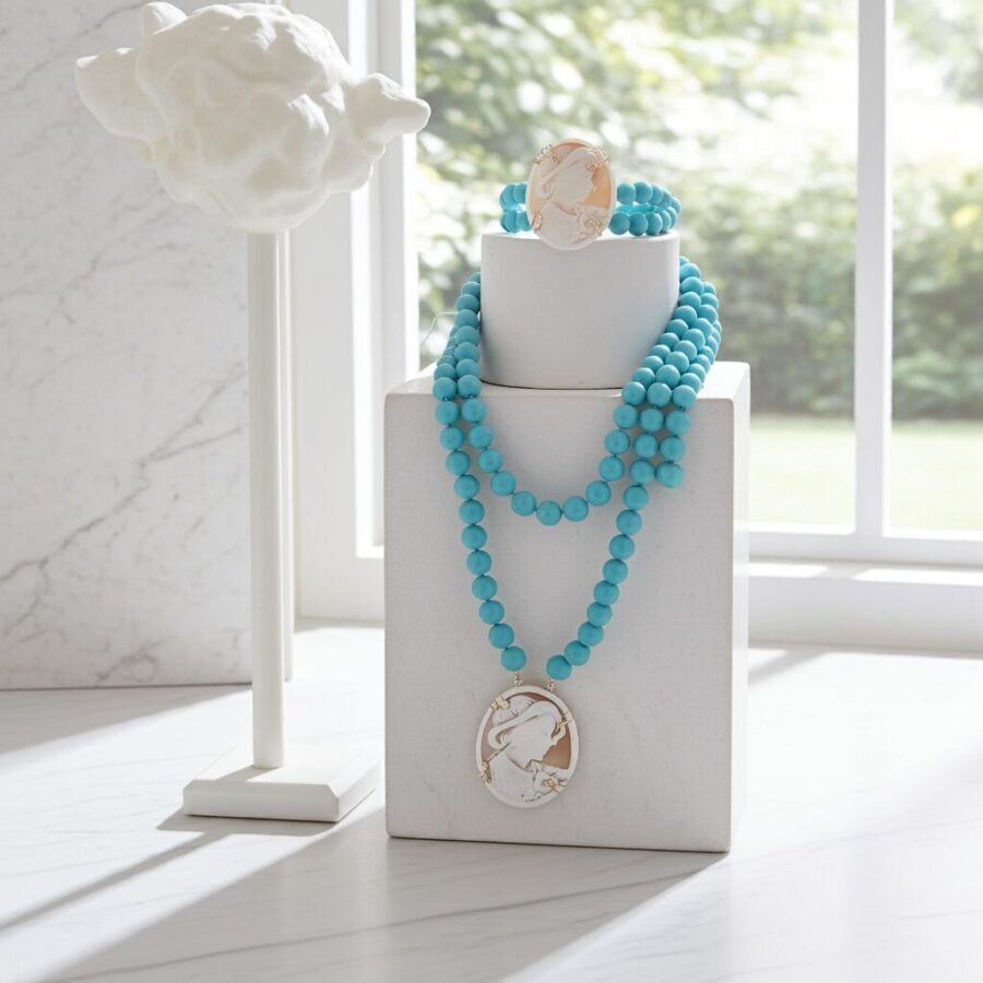 Necklace and Bracelet with Turquoise paste stones and Sardonic shell Cameo, made in Sicily, gift for her, bridal necklace, wedding, camée, custom, mother's gift, genuine italian cameo. - Image 3