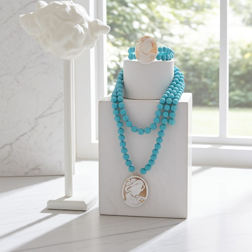 Necklace and Bracelet with Turquoise paste stones and Sardonic shell Cameo, made in Sicily, gift for her, bridal necklace, wedding, camée, custom, mother's gift, genuine italian cameo. - Image 3