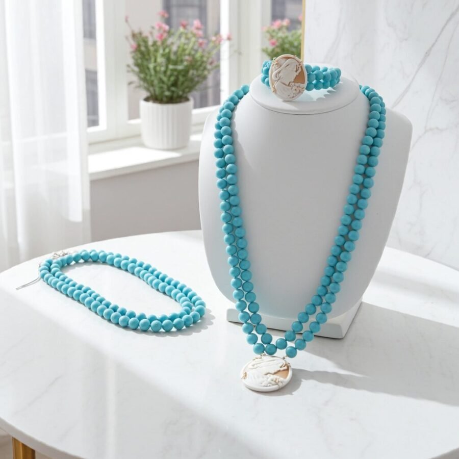 Necklace and Bracelet with Turquoise paste stones and Sardonic shell Cameo, made in Sicily, gift for her, bridal necklace, wedding, camée, custom, mother's gift, genuine italian cameo. - Image 4