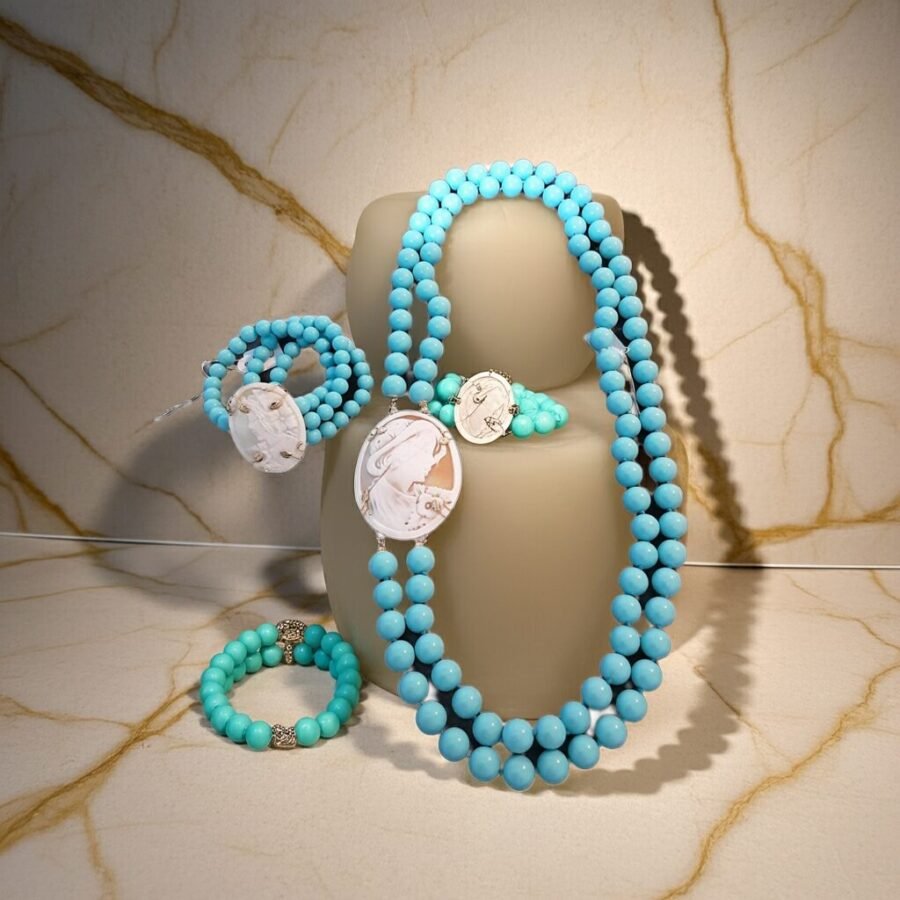 Necklace and Bracelet with Turquoise paste stones and Sardonic shell Cameo, made in Sicily, gift for her, bridal necklace, wedding, camée, custom, mother's gift, genuine italian cameo. - Image 8