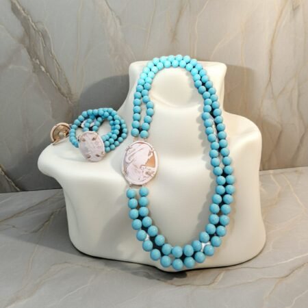 Necklace and Bracelet with Turquoise paste stones and Sardonic shell Cameo, made in Sicily, gift for her, bridal necklace, wedding, camée, custom, mother's gift, genuine italian cameo.