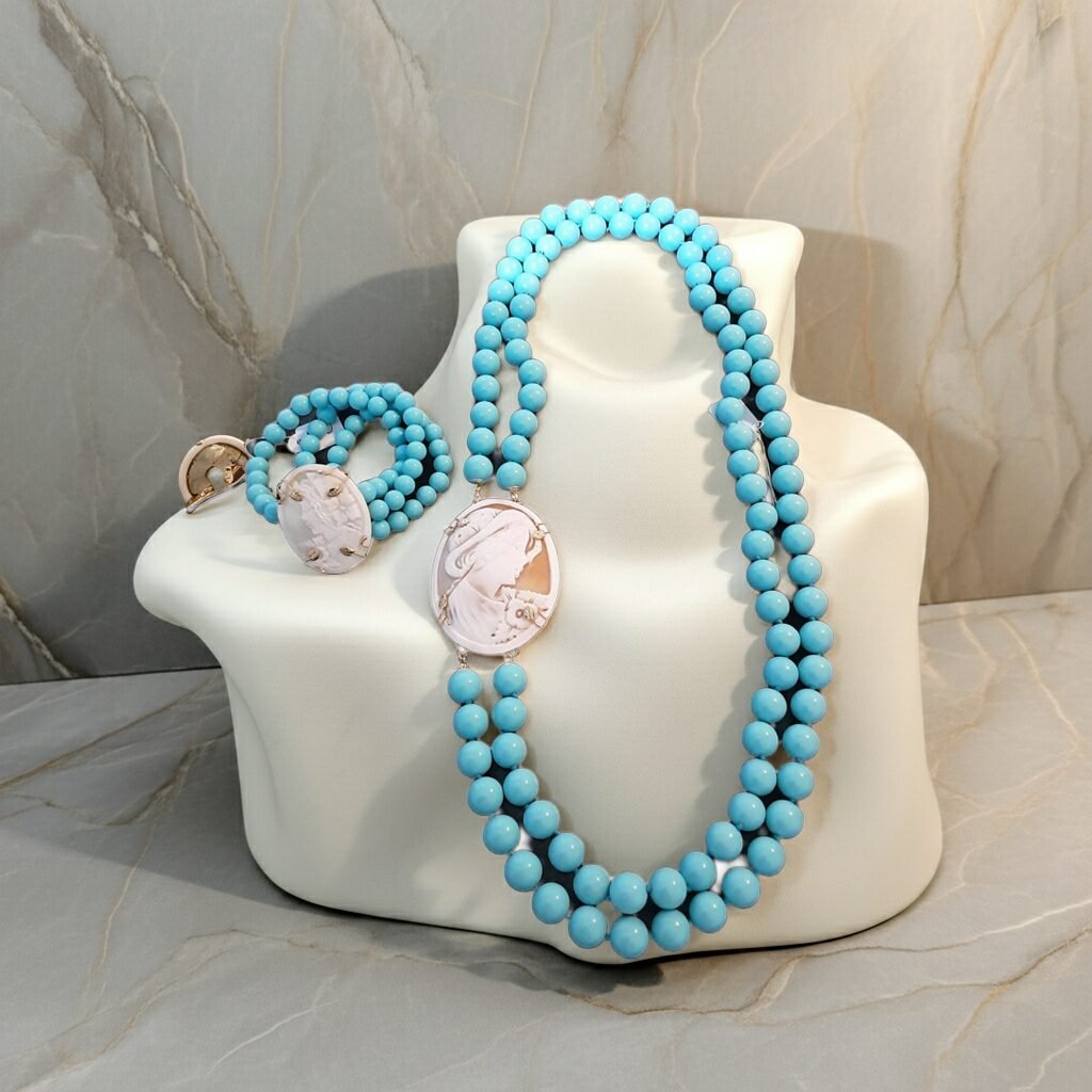 Necklace and Bracelet with Turquoise paste stones and Sardonic shell Cameo, made in Sicily, gift for her, bridal necklace, wedding, camée, custom, mother's gift, genuine italian cameo.