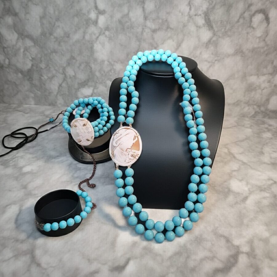 Necklace and Bracelet with Turquoise paste stones and Sardonic shell Cameo, made in Sicily, gift for her, bridal necklace, wedding, camée, custom, mother's gift, genuine italian cameo. - Image 7