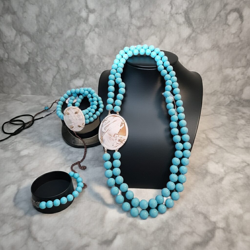 Necklace and Bracelet with Turquoise paste stones and Sardonic shell Cameo, made in Sicily, gift for her, bridal necklace, wedding, camée, custom, mother's gift, genuine italian cameo. - Image 7