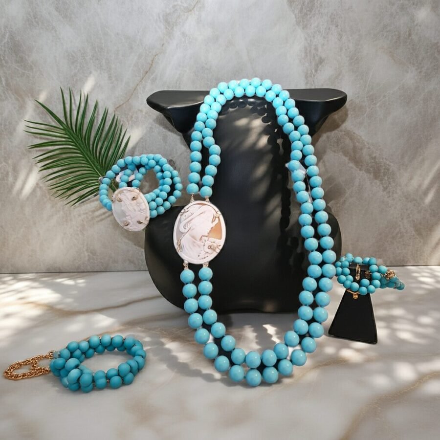 Necklace and Bracelet with Turquoise paste stones and Sardonic shell Cameo, made in Sicily, gift for her, bridal necklace, wedding, camée, custom, mother's gift, genuine italian cameo. - Image 2