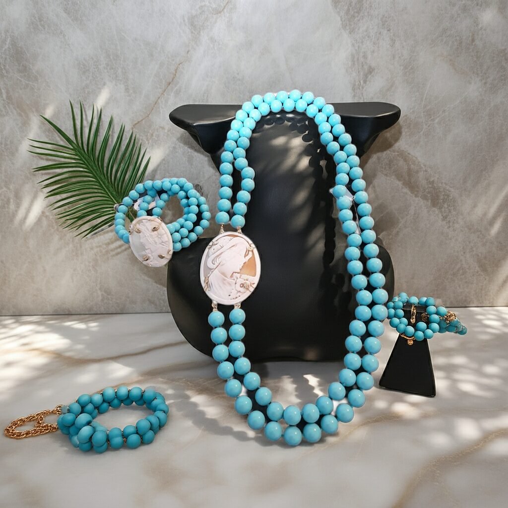 Necklace and Bracelet with Turquoise paste stones and Sardonic shell Cameo, made in Sicily, gift for her, bridal necklace, wedding, camée, custom, mother's gift, genuine italian cameo. - Image 2