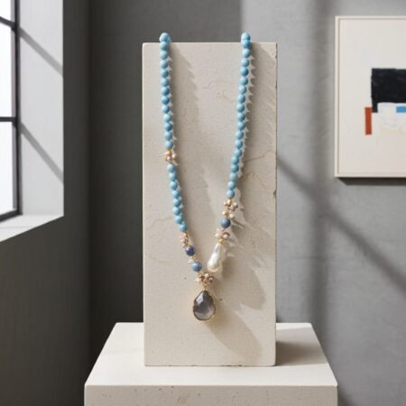 Alternative view of Necklace made with Angelite, pearl and quartz, handmade, Sicily, women's jewellery, gift.