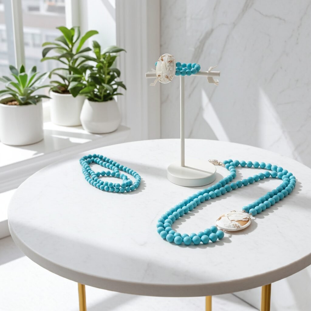 Necklace and Bracelet with Turquoise paste stones and Sardonic shell Cameo, made in Sicily, gift for her, bridal necklace, wedding, camée, custom, mother's gift, genuine italian cameo. - Image 5