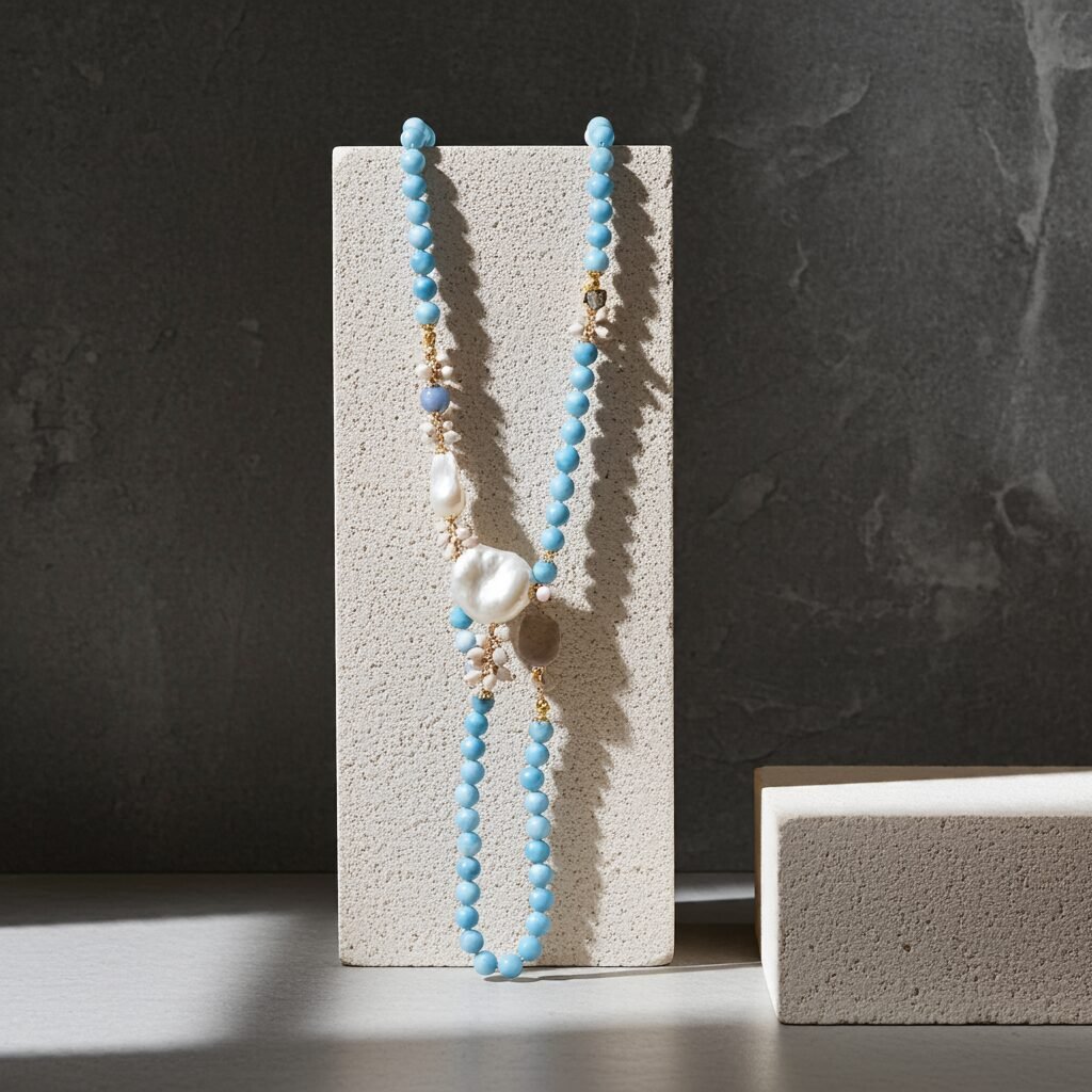 Necklace made with Angelite, pearl and quartz, handmade, Sicily, women's jewellery, gift. - Image 3